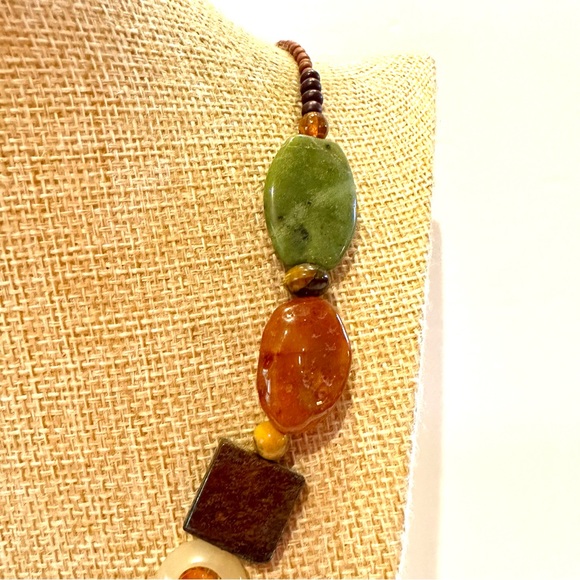 Multi-color Genuine Gemstone Necklace, toggle clasp/ greens, browns, tan, orange - Picture 7 of 10